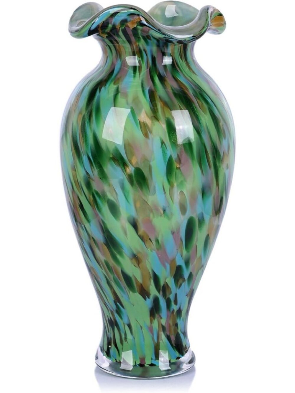 Colorful Hand Blown Glass Vase - 12.2" Ruffled Scalloped Rim Centerpiece Decor